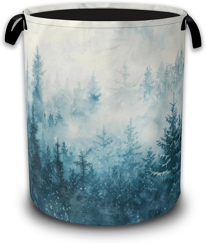 Misty Forest Laundry Baskets,Watercolor Landscape Laundry Hamper,Storage Basket with Handles for Bathroom Bedroom College Dormitory Living Room Nursery Organizer 16"x20.8"