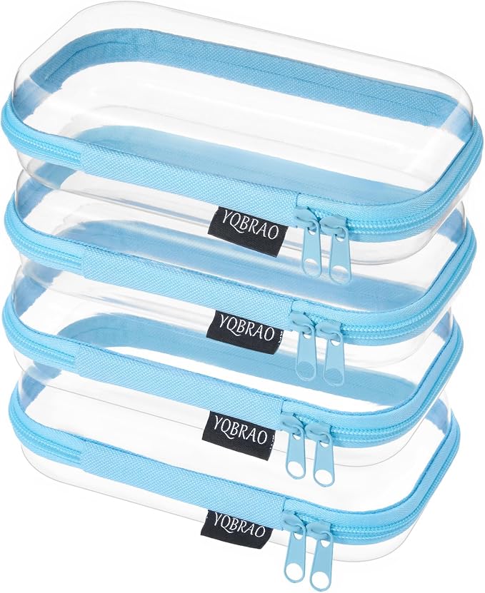 YQBRAO Clear Hard Shell Zipper Cases, 4 Small Cable Organizers, Blue | Rigid 1.2 mm PET and YKK dual zippers for cosmetics, charging cords, pens and travel accessories