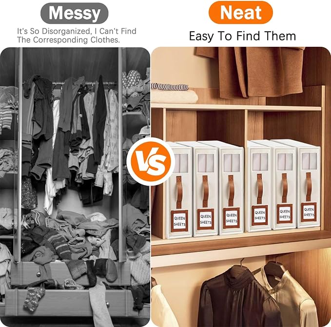 GhvyenntteS 12 Pack Bed Sheet Organizers and Storage, Sturdy Bed Sheet Organizer with Zipper and Handle, Foldable Linen Closet Organizers and Storage with Window and Label, Beige