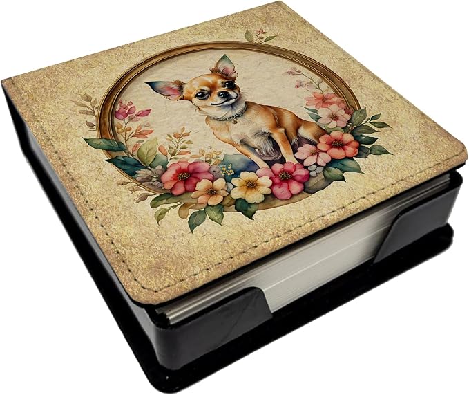 Caroline's Treasures Chihuahua and Flowers PU Leather Note Paper Holder with Artist-Designed Cover, Desk Accessory, Office Gift