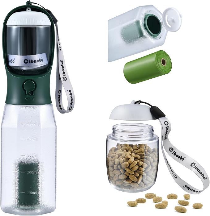 Cibaabo Dog Water Bottle with Food Container & Poop Bag Holder & Filter | Feeding & Hydration & Waste All in One | Travel Puppy Water Bowl | Portable Pet Dispenser | Dog Gifts | for Walking Beach