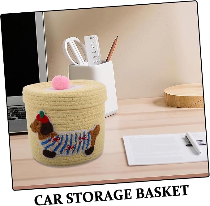 Cute Dog Storage Basket with Lid Woven Cotton Rope Organizer for Car Nursery and Pet Toys Generous Capacity Dust Protection Adorable Design Yellow Dachshund