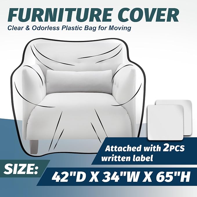 Clear Plastic Moving Chair Furniture Covers for Storage | Extra Large 65x 42 x 34 Inch, Waterproof and Dust Proof With Label For Storage and Moving