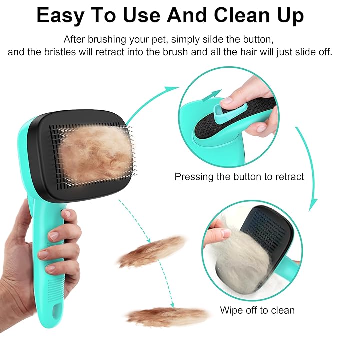Self Cleaning Slicker Brush for Dog, Skin Friendly Shedding & Grooming Tool for Long and Short Haired Dogs and Cats, Easy Clean Retractable Bristles, Green