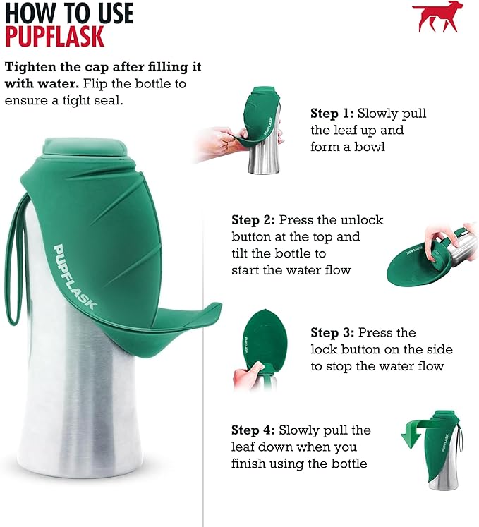 PupFlask Large Dog Water Bottle | 27 or 40 OZ Stainless Steel | Convenient Dog Drink Dispenser | Puppy Travel Water Bowl | Portable Pet Hydration Bottle | Leak Proof | Perfect Size For All Breeds