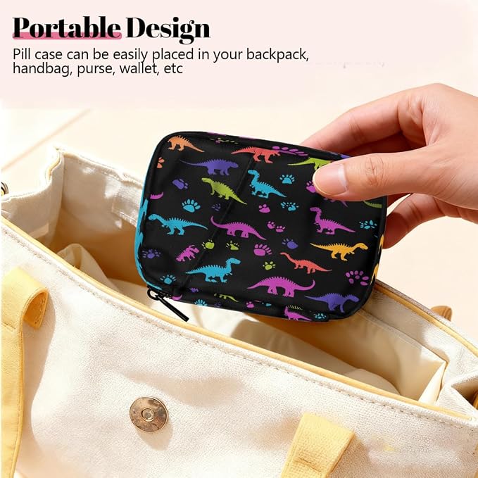 Weekly Pill Organizer Travel Size Bag with Removable 7 Day Pill Box Portable Vitamin Case Purse with Zipper,Colorful Dinosaurs Black Pattern