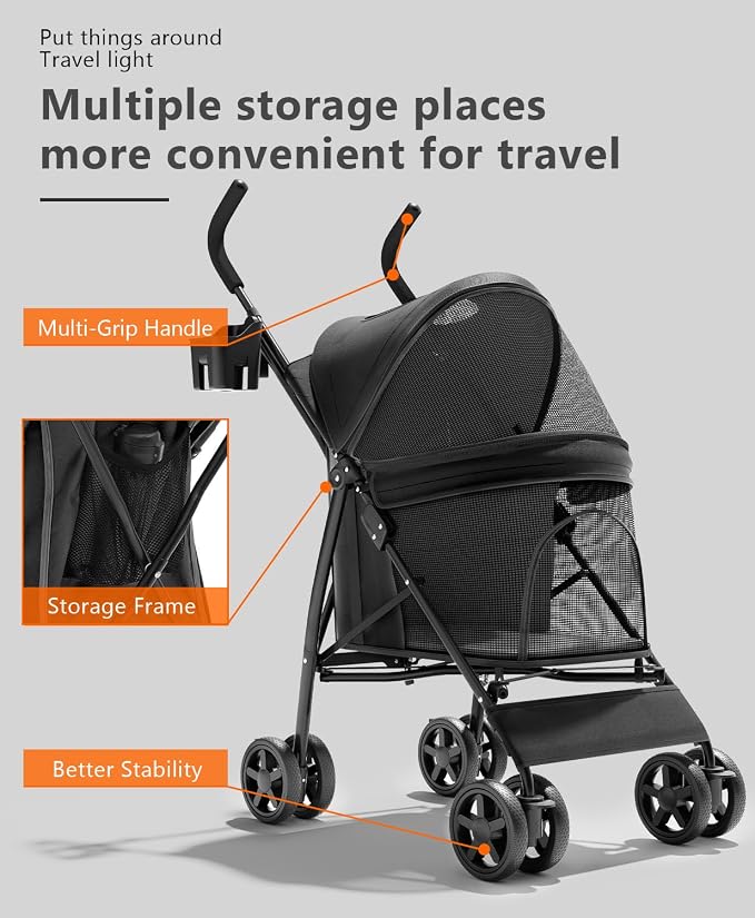 OS MOTOR 4 Wheels Pet Stroller for Small Medium Pets, Black | Foldable Carrier Jogger, Rear Wheel Breaks, Storage Basket, Visible Mesh Weather Cover, Portable, Dog, Cat, Puppy, Kitty