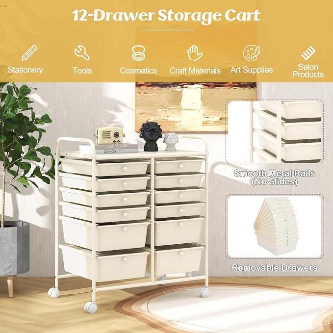 12 Drawer Rolling Storage Cart, Art Cart Organizer on Wheels, Mobile Utility Cart with Drawers, Multipurpose Craft Drawers for Home Office School Classroom (White)