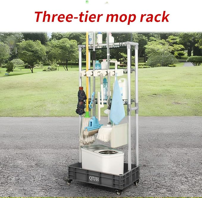 Storage Shelf Broom mop Holder Hold Your Cleaning Supplies Janitorial cart Steel Organizer Wire Rack