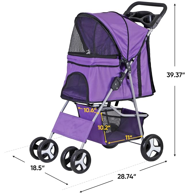 4 Wheels Dog Stroller Folding Pet Strolling Cart for Small Medium Cats Puppies Portable Jogger Travel Camping Puppy Carrier with Storage Basket Cup Holder, Purple