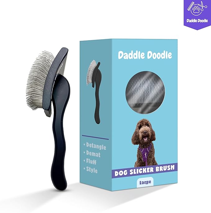 Dog Slicker Brush - Grooming Designed for All Poodles and Doodle Mixes – Fluff, Style, Detangle, and Demat – Ergonomic Handle Design – Angled Brush Pins that are Safe and Effective