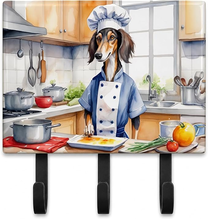 Caroline's Treasures Saluki The Chef Leash or Key Holder Wall Hooks, Key Hooks Holder, Coat Rack Wall Mount, Coat Hooks, Hooks for Hanging Keys, Towels, Aprons, Leashes | Saluki The Chef artwork on ceramic tile with three steel hooks for keys, leashes,...