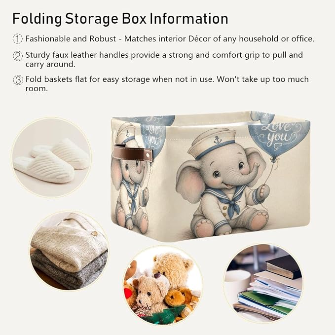 Emelivor Elephant Costume Storage Basket Bins Box for Office Women 1pcs | Foldable Laundry Hamper,Decorative Organizer,Sturdy Boxes Container with Handles for Clothes Books Pet Living Room Shelf