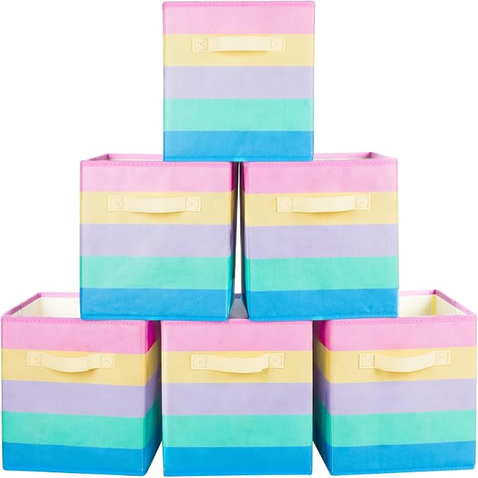 PowerKing Collapsible Storage Cubes, Farbic Storage Bins, Rainbow, 6 Pack | Sturdy, Lightweight, Easy Pull Handle, Closet & Shelf Organizer, Clothes and Toys Storage, 10.5'' x 11'' x 10.5''