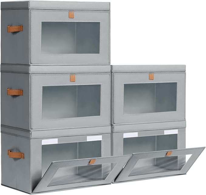 Large Closet Storage Organizer - Clothes Storage Bins with Handles & Window, Collapsible Decorative Boxes with Lids, Fabric Containers for Living Room, Dorm, 5 Pack, Grey