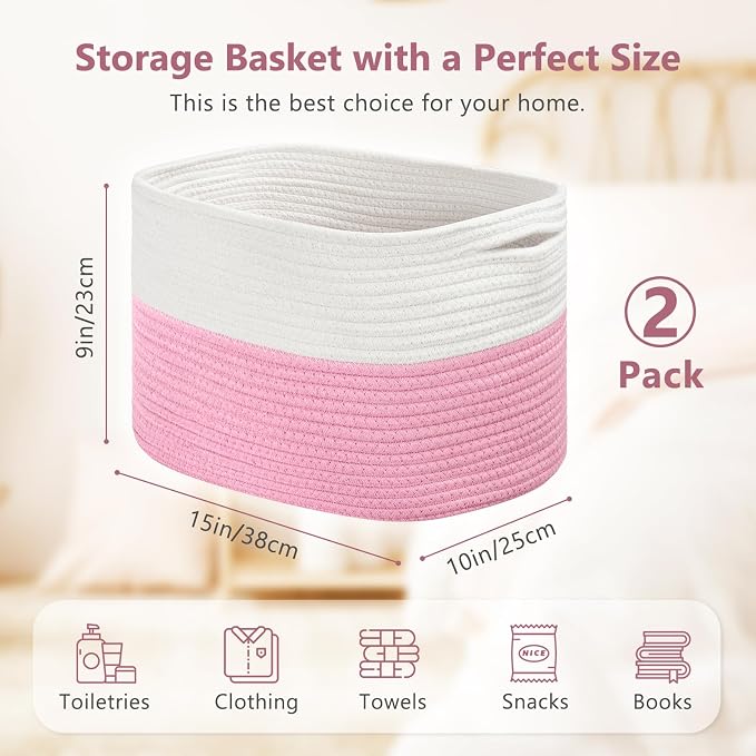 ECDYQXVU 15x10x9 Inch Woven Cotton Rope Storage Basket, 2 Pack | Foldable Design, Built-in Handles, Space-saving Organizer for Living Room, Bedroom, Laundry, Shelves, Clothes, Towels