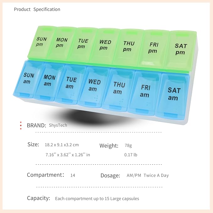 7 Day Weekly Pill AM PM Organizer, ShysTech Large Pill Case Pill Box for Pills/Vitamin/Supplements/Medication (Blue/Green)
