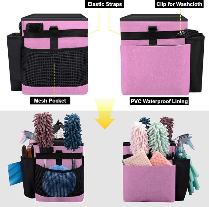 Wearable Large Cleaning Caddy Bag for Housekeepers (Pink) | Cleaning Supplies Organizer with Adjustable Shoulder, Waist & Handle Straps, Detailing Bag for Kitchen Supplies