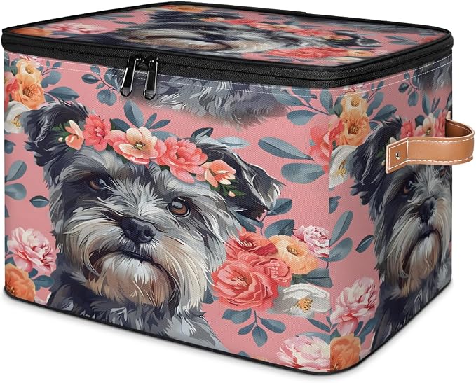 Cute Dogs Floral Storage Box with Zipper Lid