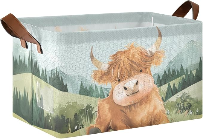 Cute Highland Cow Green Grass Baby Storage Basket with Labels&Handles Rectangular Waterproof Nursery Storage Bins Collapsible Shelf Organizer Baskets for Kids Books Cloth Gift Basket Toys Laundry