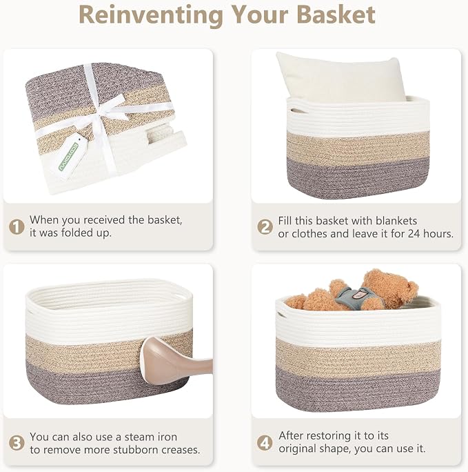 ECDYQXVU 15x10x9 Woven Cotton Rope Storage Basket, Leather Handles 2 Pack | Foldable Design, Sturdy PU Handles, Easy to Clean Organizer for Living Room, Closet, Shelves, Bedroom, Laundry, Clothes