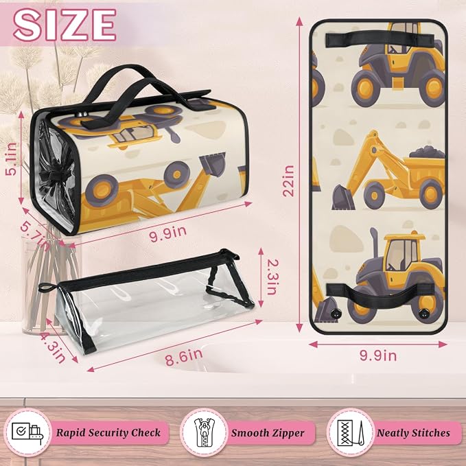 Construction Trucks Makeup Bag for Women Hanging Roll-Up Travel Organizer Toiletry Kit with 4 Removable Compartments, Yellow