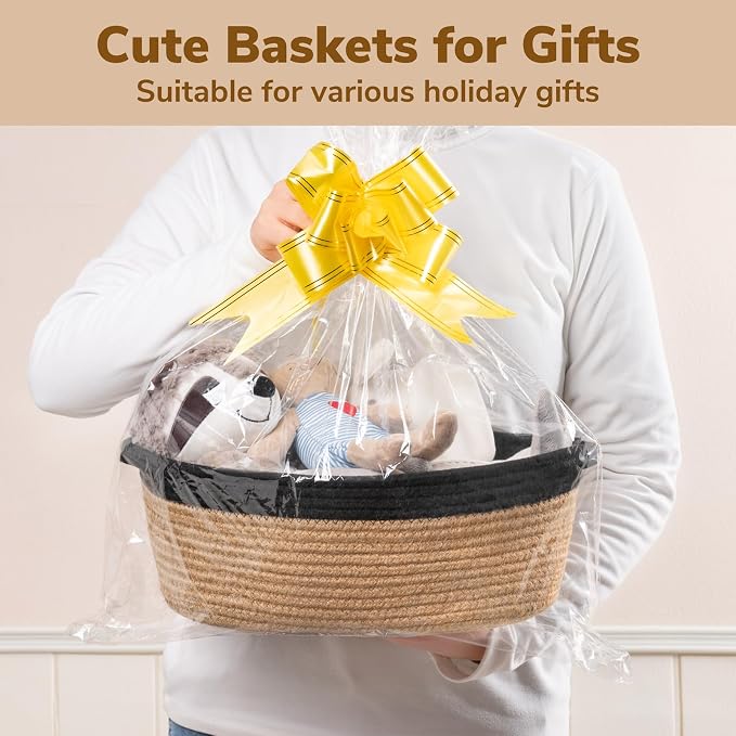 Goodpick Small Woven Rope Gift Basket Empty, 12" x 8" x 5", Jute and Black | Baby Basket for Baby Showers Toys, Fits Living Room Nursery Bedroom Organization, Dog Toy Storage, with Durable Handles