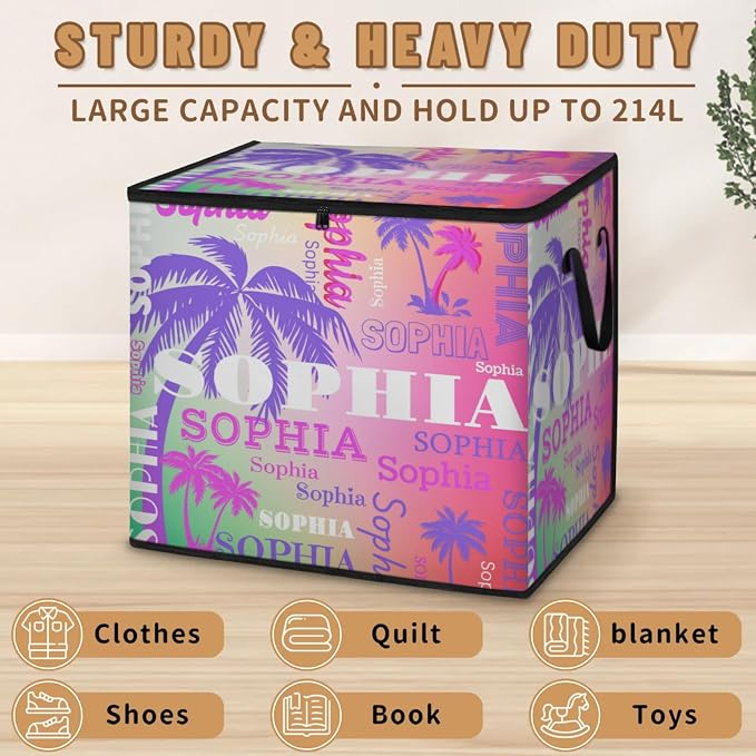 Personalized Storage Bins with Lid, Customized Name Jumbo Storage Basket Rectangle Clothes Organizer for Organizing Shelf Closet, Purple Pink Tropical Palm Trees Gradient Pink Green Background