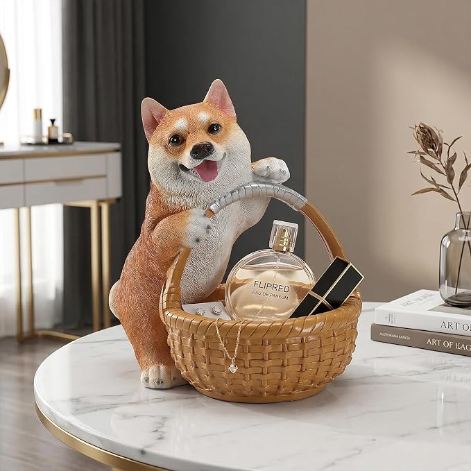Resin Shiba Inu Storage Basket, Decorative Catchall Tray for Keys & Candy, Desk Organizer Bowl for Home Office, Room Decor Accessories