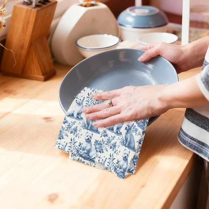 Westie Kitchen Dish Towels,Blue and White Floral Dog Towel Dish Tea Towels, Chinoiserie Decor for Kitchen Bathroom,Westie Gifts for Dog Lover Mom Dad,16x24 Inch