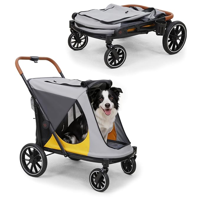 Dog Stroller for Large-Dogs: Easy Fold Dual Entry Onefoot Brake | All Terrain Dog Wagon Cart with Air Mesh, Ideal for Breeds up to 92 lbs