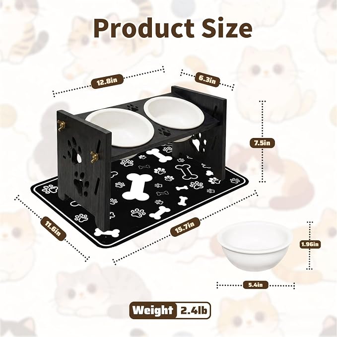 2026 New Elevated Cat Bowls with Food Mat, Adjustable Height & Angle Raised Cat & Dog Bowls Stand for Food and Water, Cat or Small Dog Feeding Station, 2 Ceramic Bowls for Cats and Puppy(Black Wood)