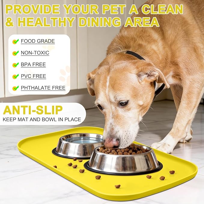 Smilool Silicone Pet Food Mat with Raised Edge for Food and Water Bowl, Dog Feeding Mats, Cat Food Trays for Floor Waterproof, Rubber Tray for Dogs and Cats, 22 x 14 x 0.8 Light Yellow