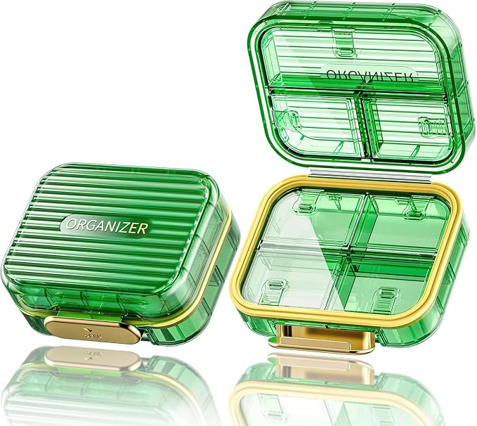 Acedada Small Pill Box, Travel Pill Case for Purse, Light Green | Portable 7 Compartments Daily Pill Organizer, Compact Medicine Vitamin Container for Fish Oil & Supplements