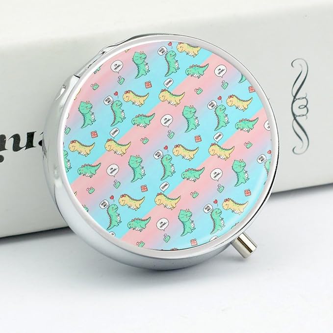 Round 3 Compartment Metal Pill Box Cute Dinosaurs Hug Me, Cute Portable Organizer for Purse Pocket Travel Medication
