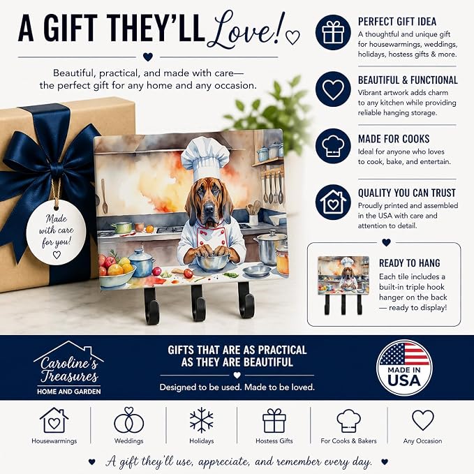 Caroline's Treasures Bloodhound The Chef Leash or Key Holder Wall Hooks, Key Hooks Holder, Coat Rack Wall Mount, Coat Hooks, Hooks for Hanging Keys, Towels, Aprons, Leashes | Bloodhound The Chef artwork on ceramic tile with three steel hooks for keys, ...