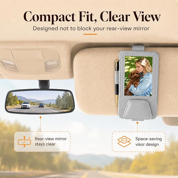 HOLDCY Car Visor Organizer with Registration Holder and Sunglasses Clip | Grey PU Faux Leather With Photo Window, Flip-Open Card Storage, Slim Profile And Tool-Free Setup; 1 Piece