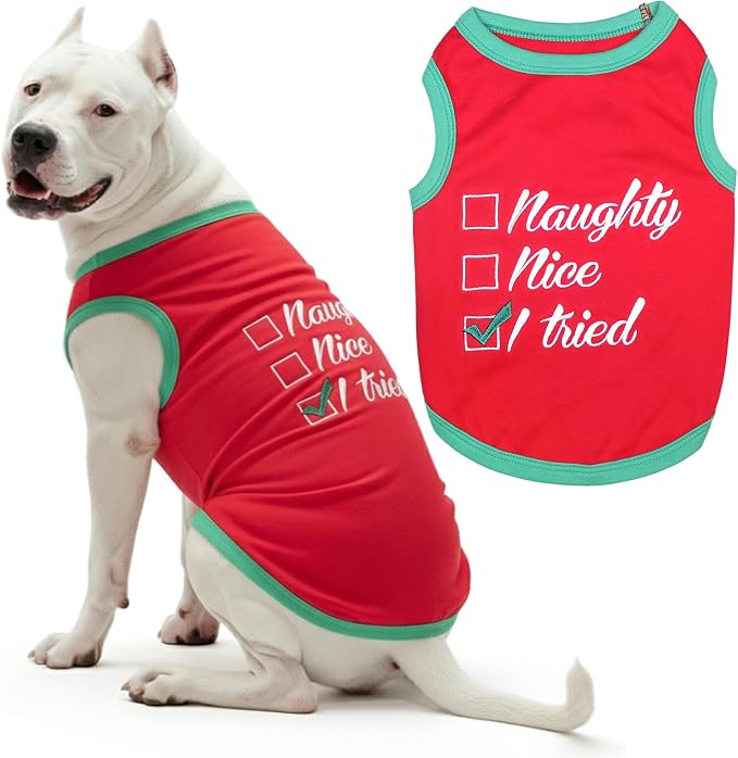 Parisian Pet Dog Tshirt - Embroidered “ Naughty Or Nice “ Dog Shirt - Lightweight Cotton Puppy Christmas Outfit - Sleeveless Funny Christmas Pet Clothes - Shirts for Large Dogs - 4XL
