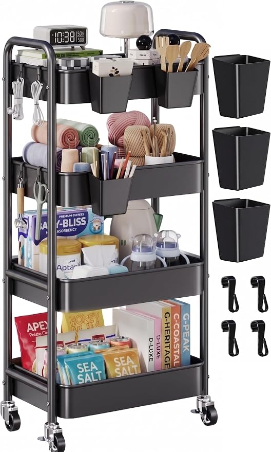 4 Tier Rolling Cart Metal with Wheels, Black Four Tiered Rolling Storage Cart on Wheels, Utility Roller Carts Organizer for Art, Craft, Baby Diaper Caddy, Snack, Book, Large-Capacity Shelving Units