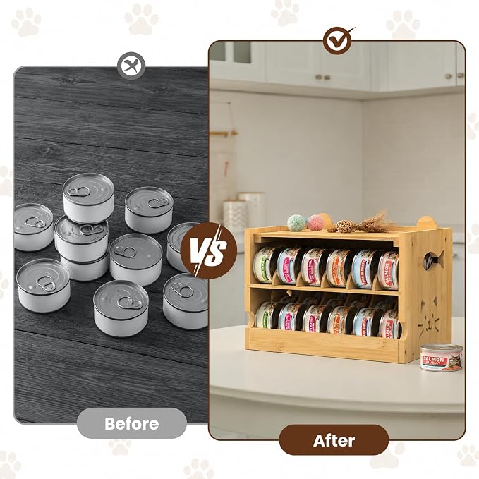 Cat Food Organizer Bamboo Adjustable Can Holder 36 (3oz) Cans | FIFO System, Efficient Storage, Easy Access, For Pet Feeding Area and Kitchen Cabinets