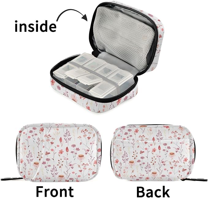 Ollabaky Wildflowers Watercolor Pill Organizer Travel Pill Cases Bag Portable Pill Container 7 Days Pill Box Organizer Vitamin Supplement Holder with Zipper for Family Business