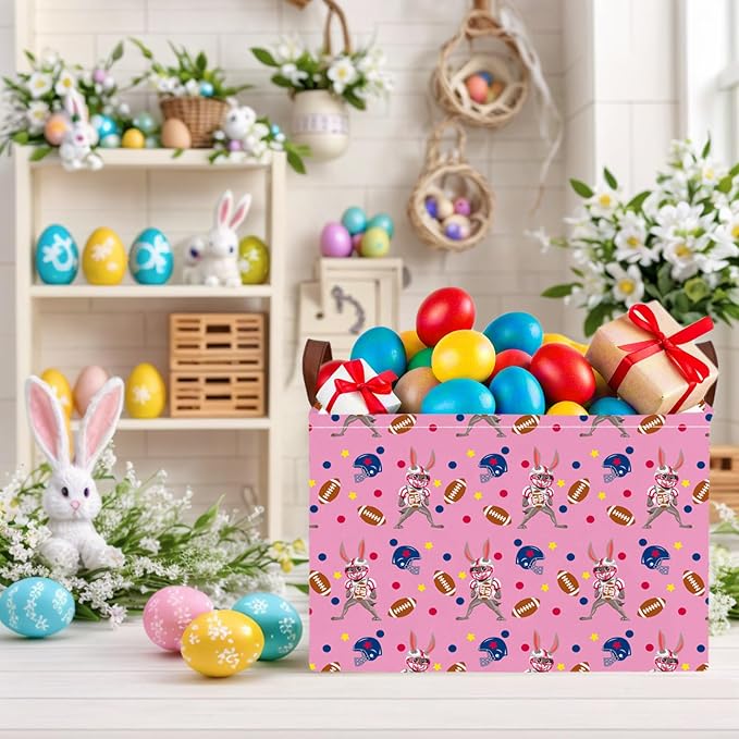 Large Cute Easter Basket for Kid Empty Gift Baby Rectangle Storage Bin Bunny Eggs Boy＆Girl Room Décor (Rabbit Rugby Pink)