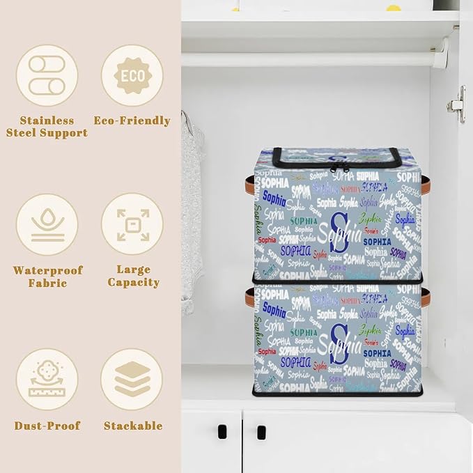 Personalized Storage Bins with Zipper Lid, Grey Blue Customized Name Storage Basket Rectangle Clothes Organizer for Organizing Kids Boys Men and Pets Toys Shelf Closet
