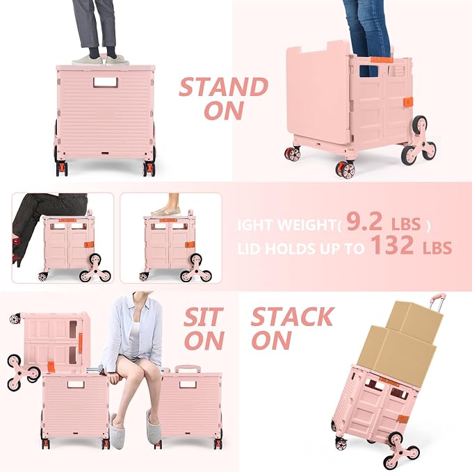 Foldable Utility Cart with Stair Climbing Wheels,Collapsible Rolling Crate with Magnetic Lid Telescopic Cover,Telescoping Handle,360° Rotate Wheel Hand Cart for Teacher Shopping Moving Grocery(Pink)
