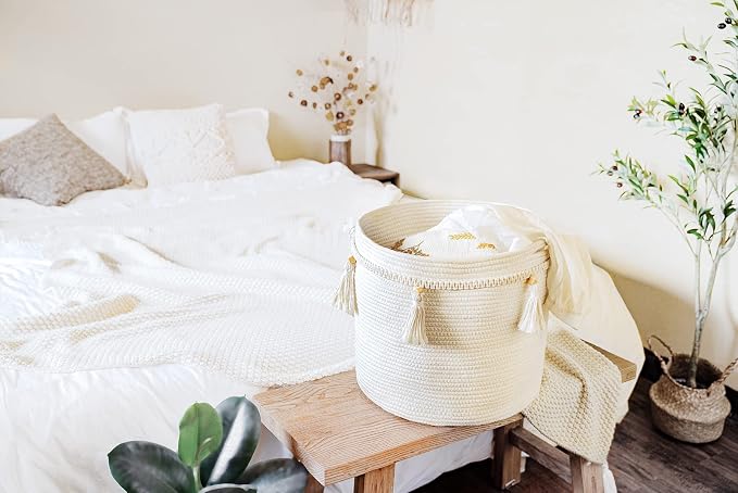 Mkono Macrame Decorative Cotton Rope Basket Boho Cute Woven Tassel Closet Storage Bins Organizer for Nursery,Baby Toys,Blankets,Magazines, Potted Plants Cover,Living Room,Bedroom Home Decor 15"x 14"
