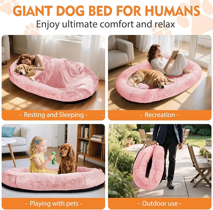 Human Dog Bed,71"x45"x14" Human Size Giant Dog Bed for Adults and Pets,Washable Faux Fur Cover Napping Orthopedic Bean Bag Bed for Humans with Blanket and Pillow,Pink