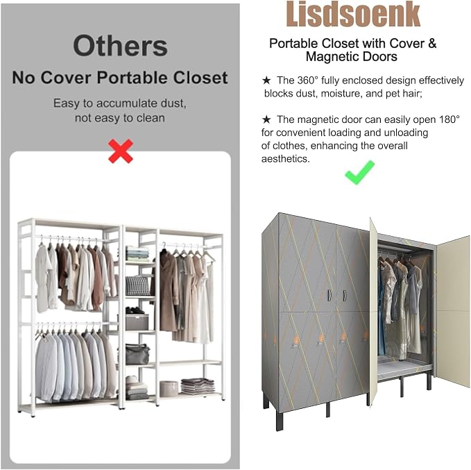 Heavy Duty Clothes Rack with Cover & Magnetic Doors, 1500lb Portable Wardrobe Closet - Foldable Freestanding Garment Rack for Bedroom, Large Storage for Hanginng Dresses Jackets (Grey, 49.2IN)