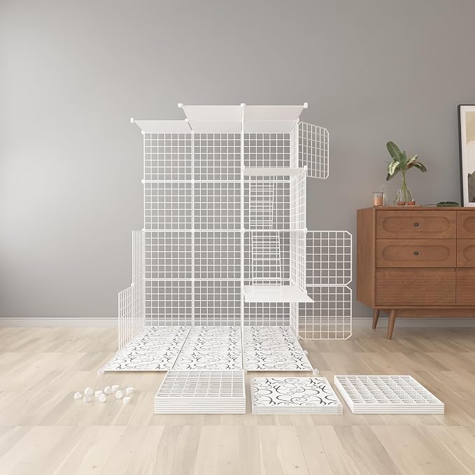 Indoor Cat Cage Enclosure DIY,Cat Playpen Catio Thick Metal Wire Kennels for 1-3 Cats Kitten Cage Detachable Patio Cat Crate (White, 41" L x 28" W x 55" H)