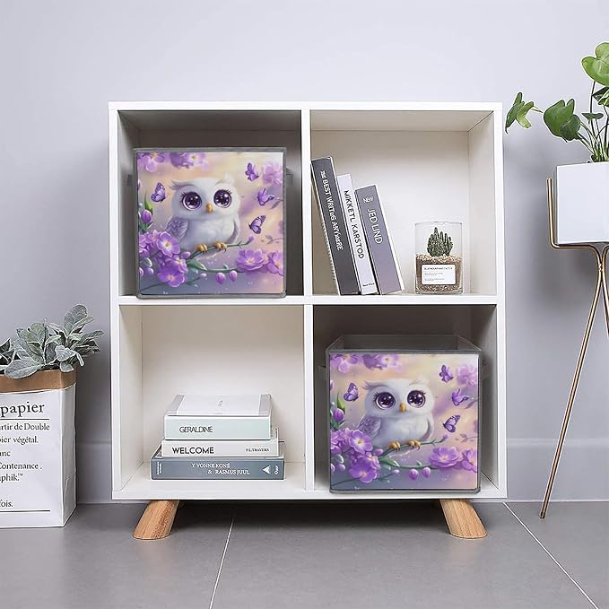 Owl Foldable Storage Bins, 10.6" Cube Storage Organizer, Sturdy Oxford Cloth Fabric Baskets for Closet, Shelf, Nursery, Bedroom, Decorative Printed Box for Toys & Clothes