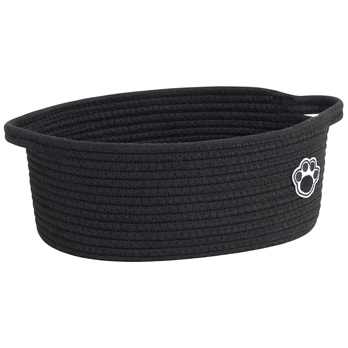 Woven Rope Dog Toy Basket with Paw Print, Black | 12"x 8" x 5" Small Dog Toy Bin & Box with Handles, Fits Living Room Bedroom Nursery Organization, Gift Basket Empty for Pets